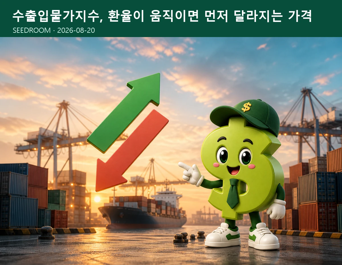 항만에서 수출입 가격과 환율 방향을 살피는 SEEDROOM 달러 캐릭터