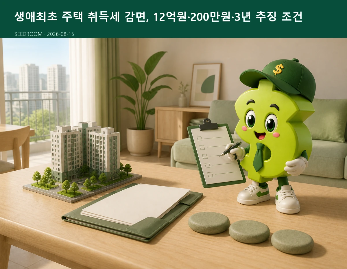 생애최초 주택 취득세 감면을 확인하는 SEEDROOM 달러 캐릭터