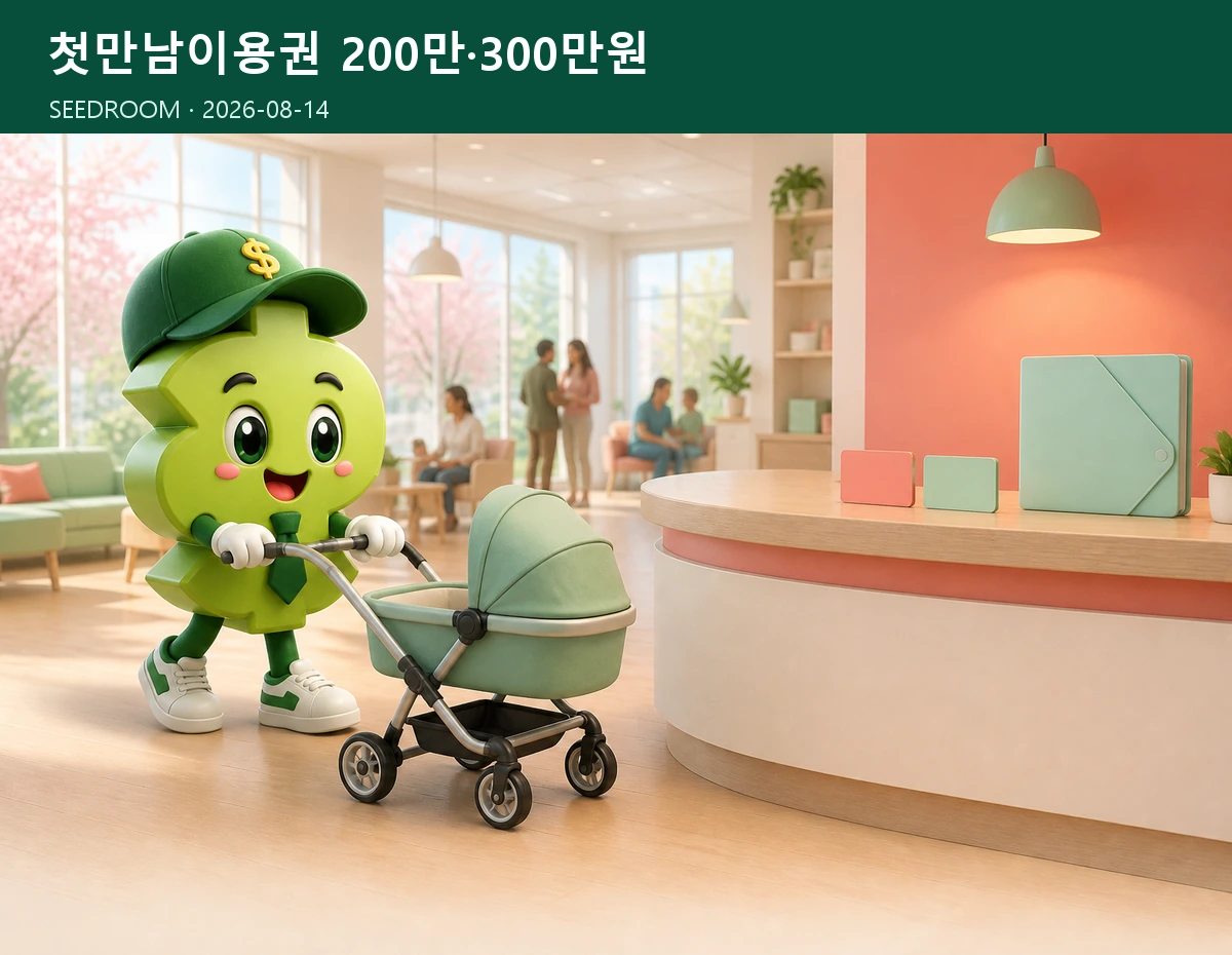 첫만남이용권 200만원과 300만원 신청을 안내하는 SEEDROOM 달러 캐릭터