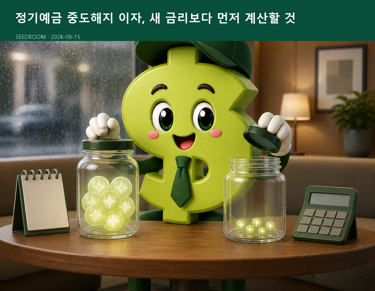 정기예금 중도해지 이자를 계산하는 SEEDROOM 달러 캐릭터