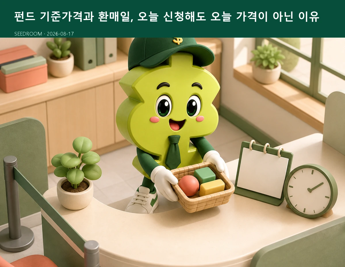 펀드 환매 시계와 자산 바구니를 확인하는 SEEDROOM 달러 캐릭터