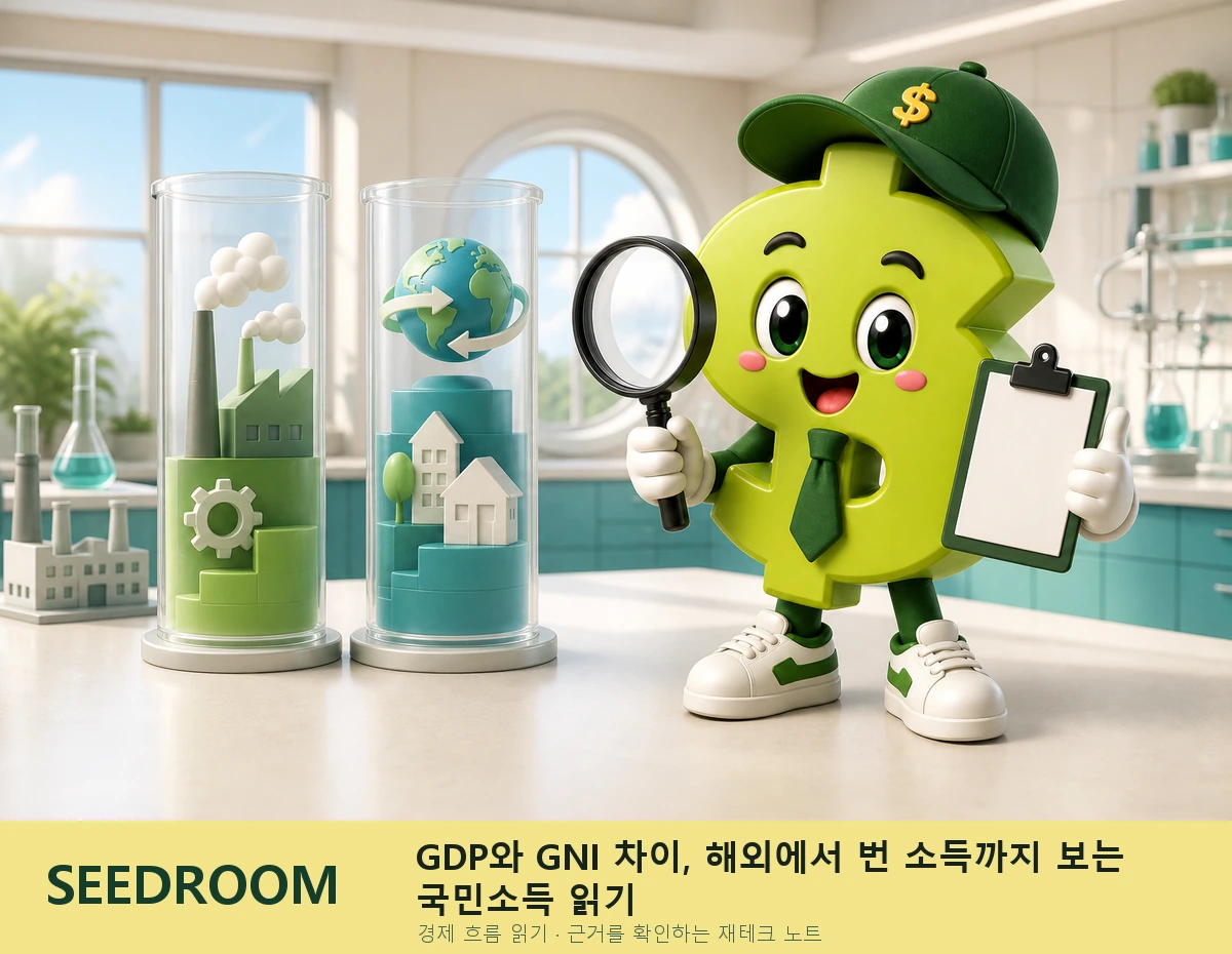 GDP와 GNI를 비교하는 SEEDROOM 달러 캐릭터