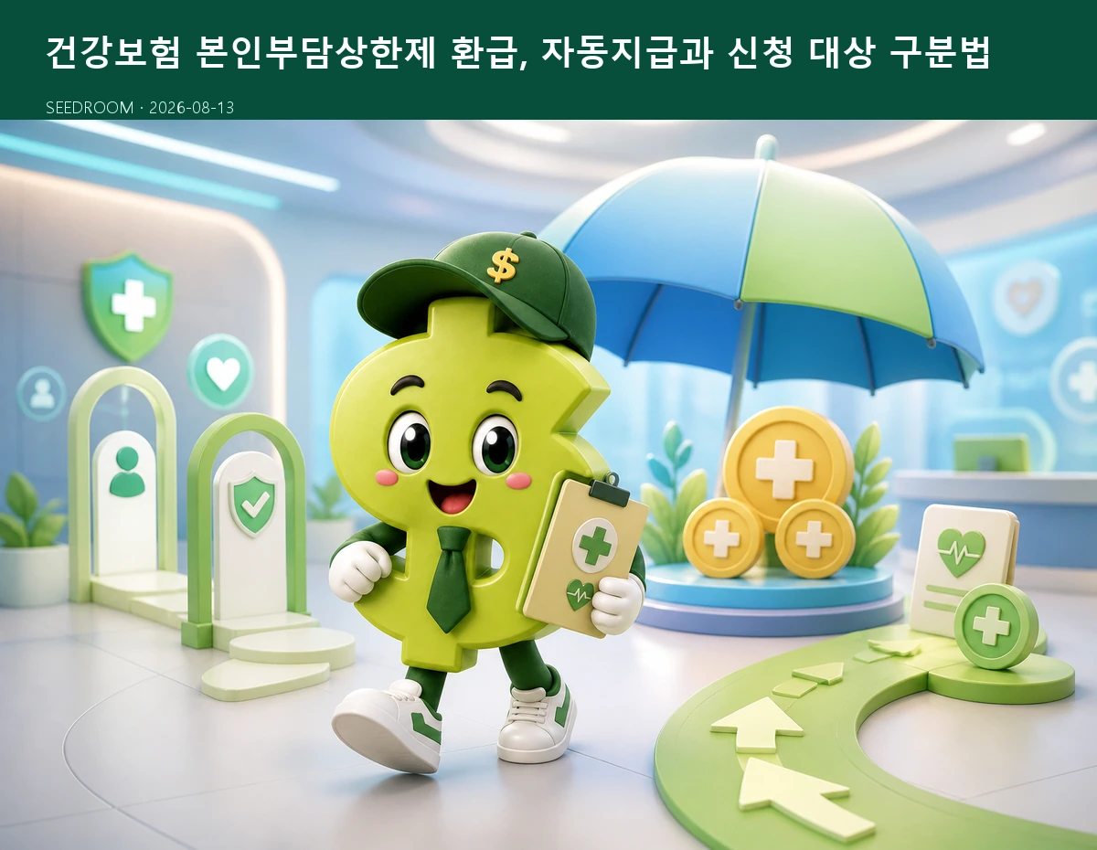 본인부담상한제 환급 절차를 안내하는 SEEDROOM 달러 캐릭터