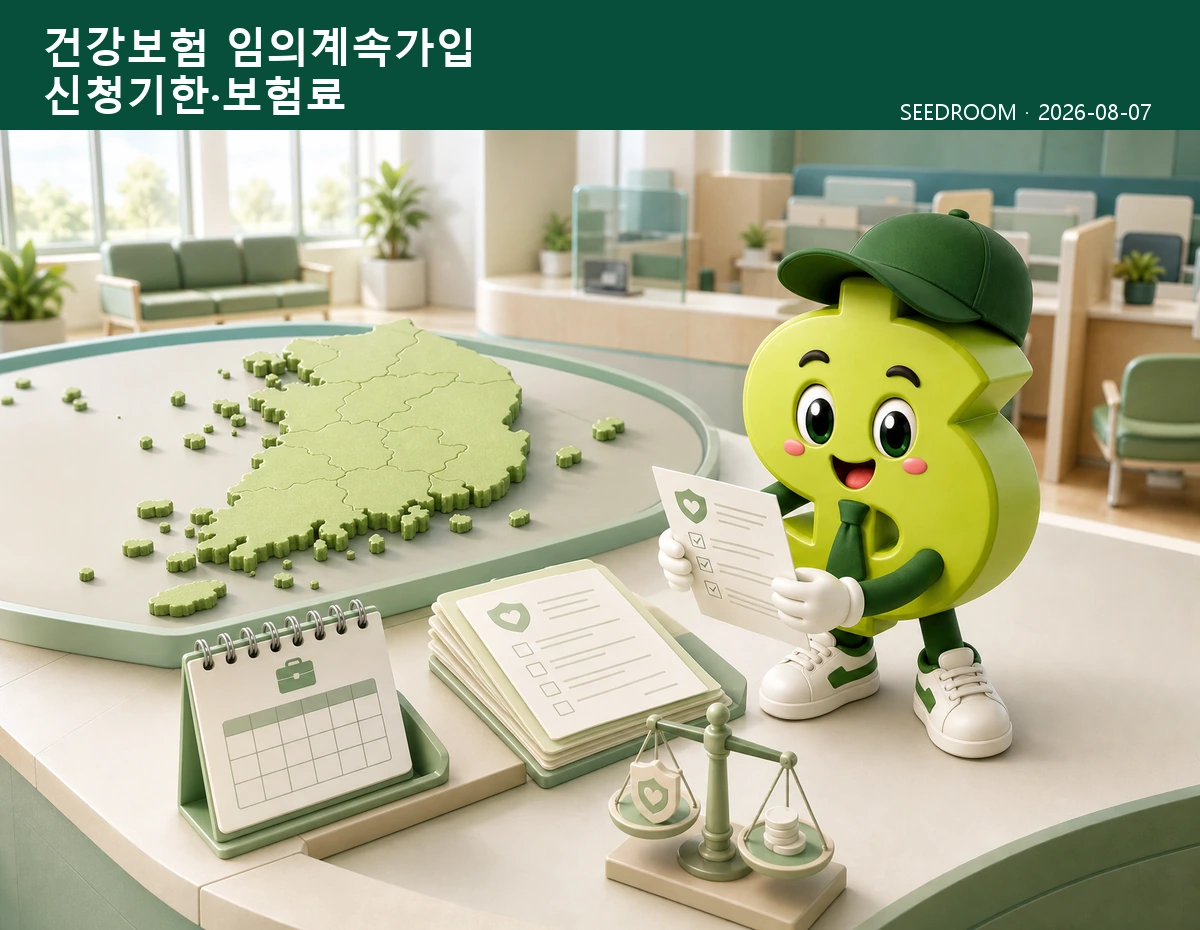 건강보험 임의계속가입 서류와 보험료를 확인하는 SEEDROOM 달러 캐릭터