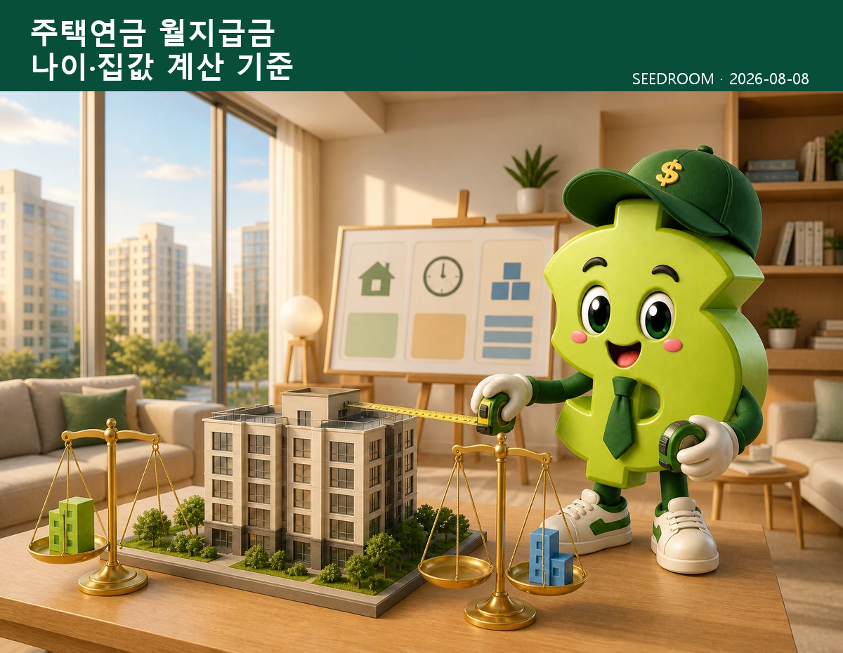 주택연금의 나이와 집값별 월지급금을 비교하는 SEEDROOM 달러 캐릭터