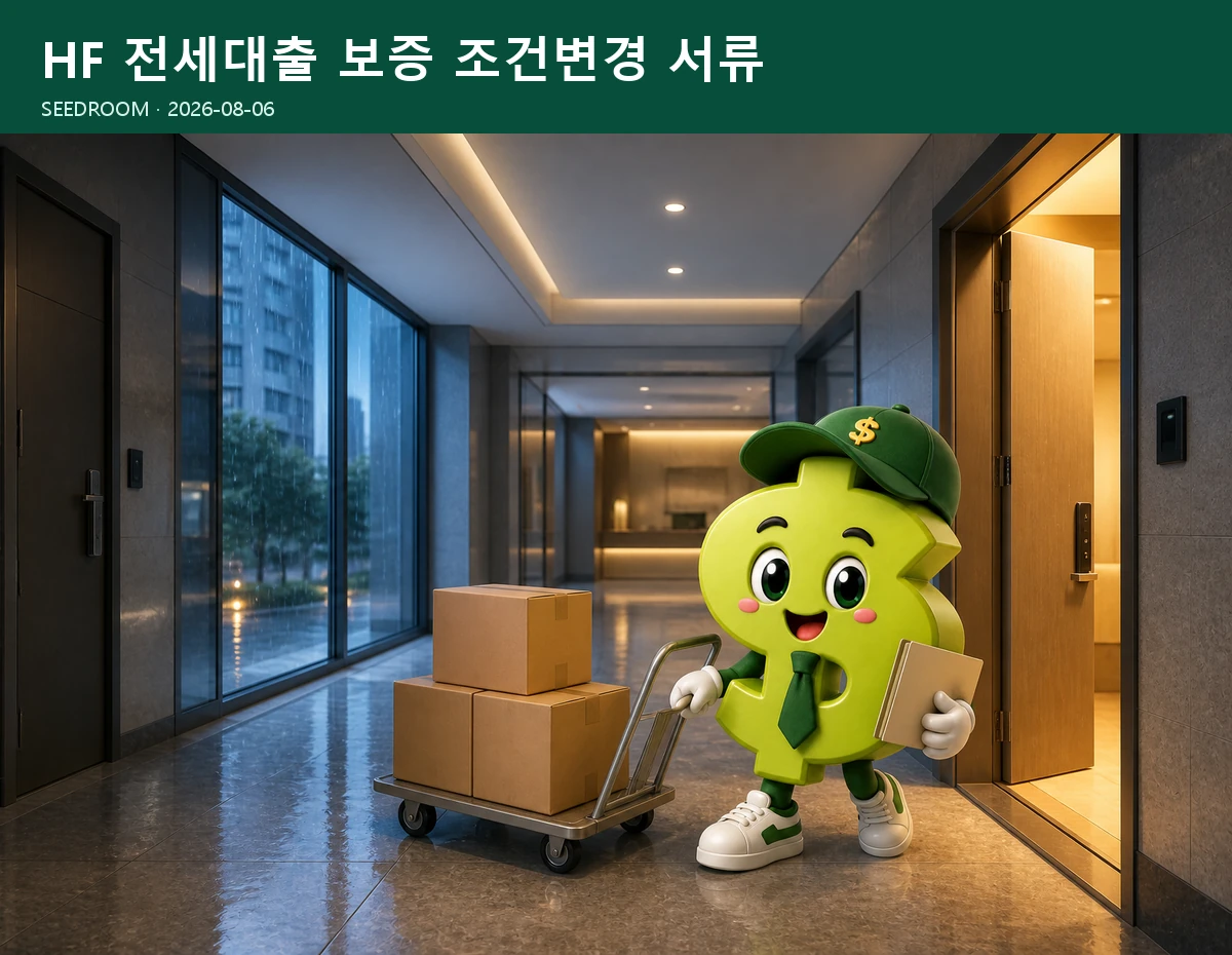 이사하며 HF 전세대출 보증 서류를 챙기는 SEEDROOM 달러 캐릭터
