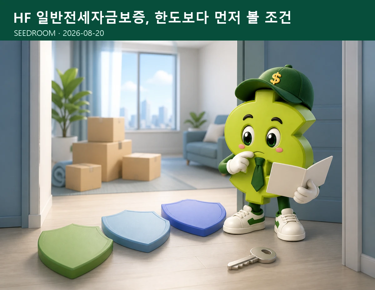 새 아파트 현관에서 전세자금보증 조건을 점검하는 SEEDROOM 달러 캐릭터