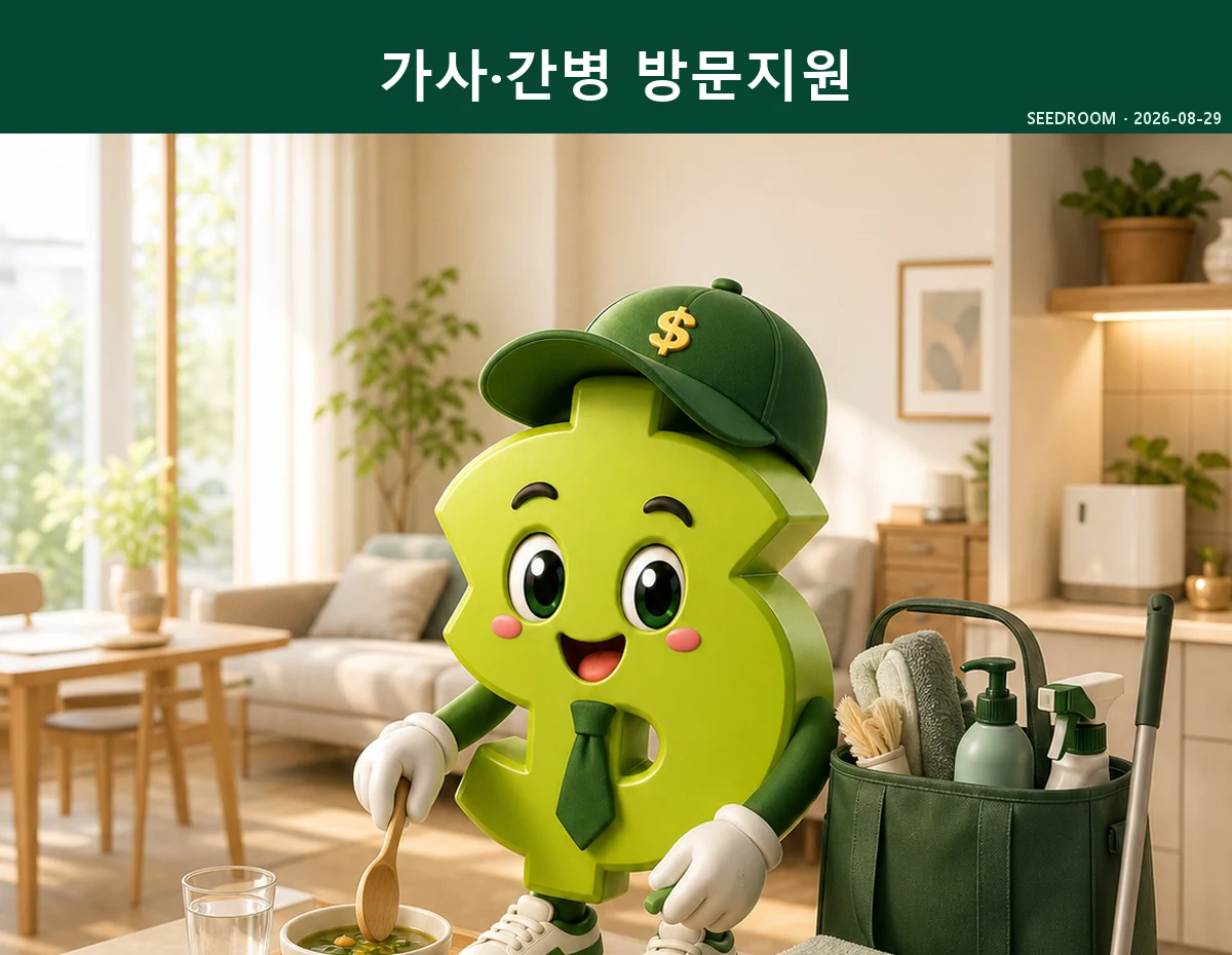 가사와 간병 방문지원 서비스의 식사·생활 도움을 안내하는 SEEDROOM 달러 캐릭터