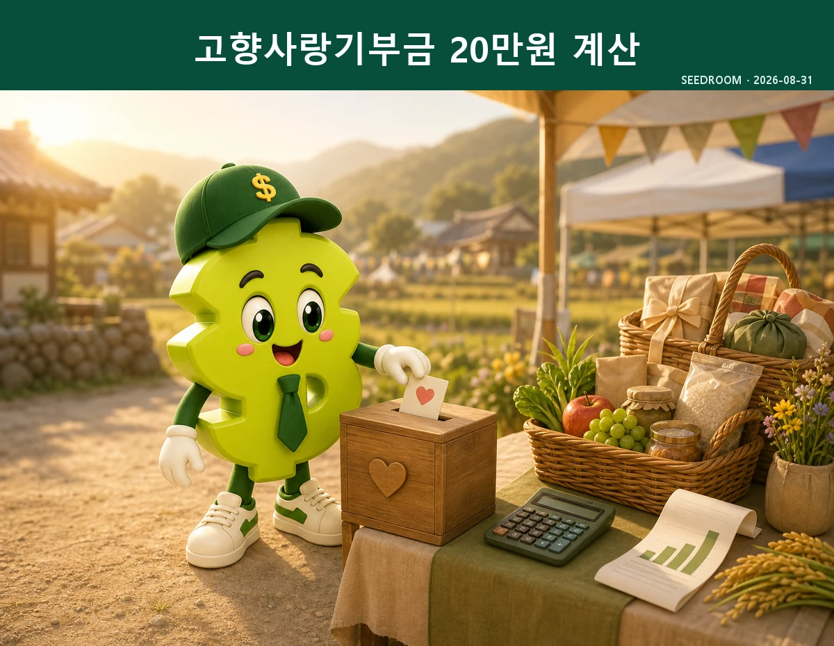 고향사랑기부금 세액공제와 답례품 계산을 안내하는 SEEDROOM 달러 캐릭터