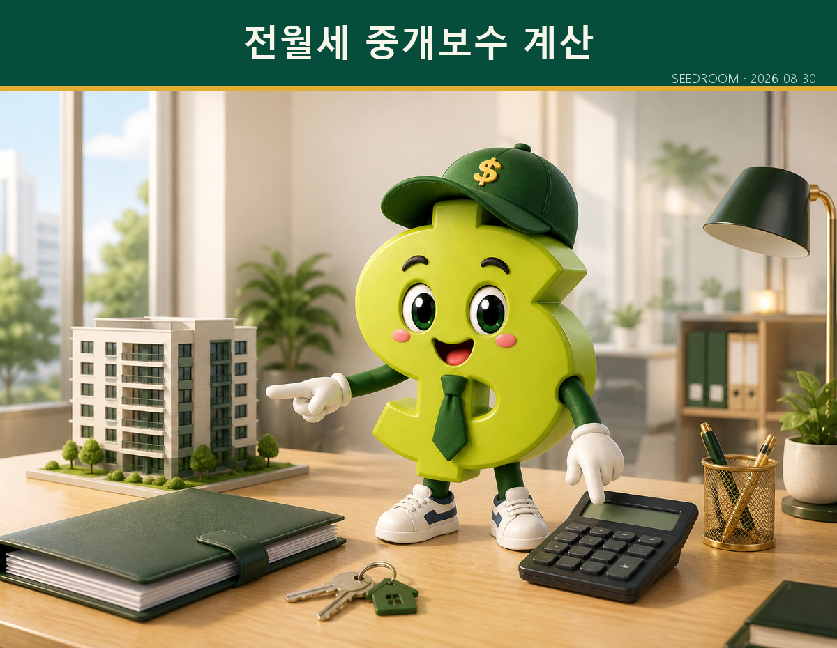 전월세 중개보수 계산기를 확인하는 SEEDROOM 달러 캐릭터
