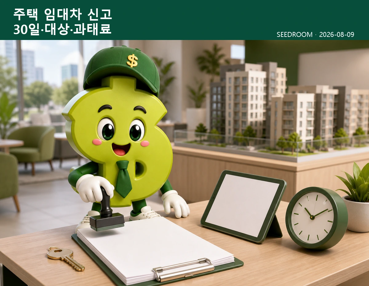 주택 임대차 신고 기한과 서류를 확인하는 SEEDROOM 달러 캐릭터