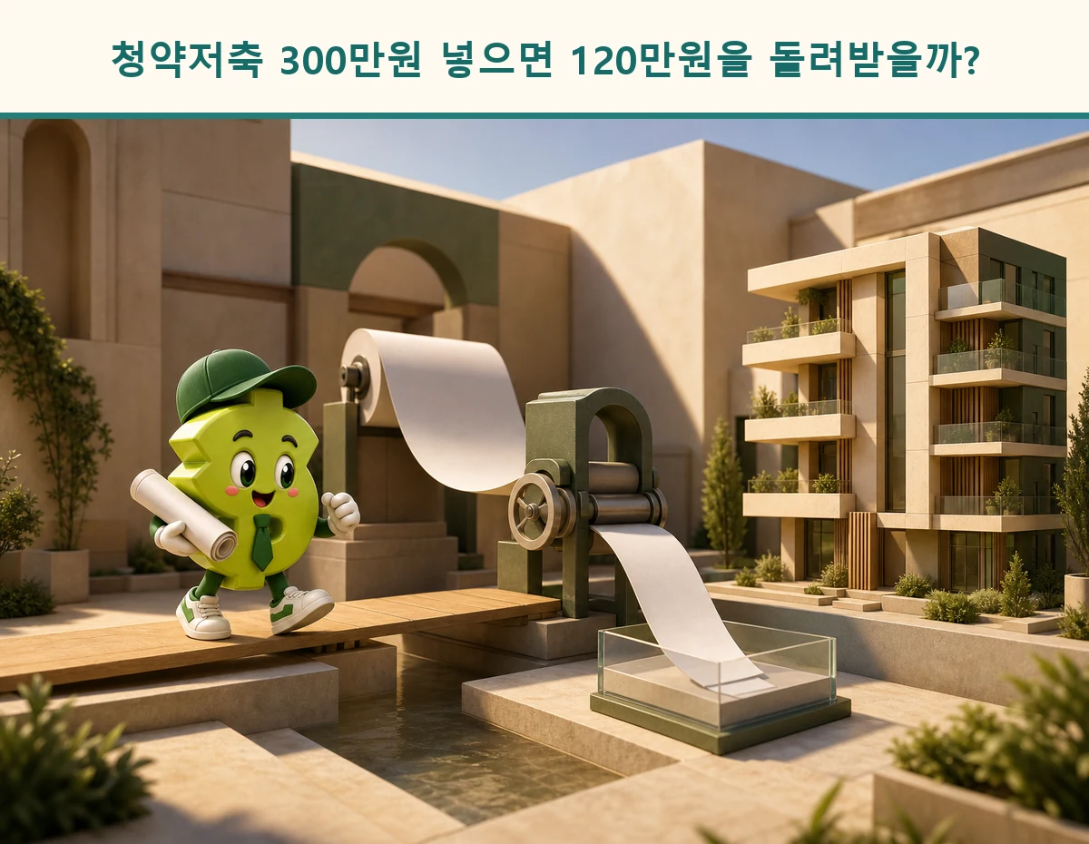 아파트 모형과 청약저축 서류를 확인하는 시드룸 달러 캐릭터