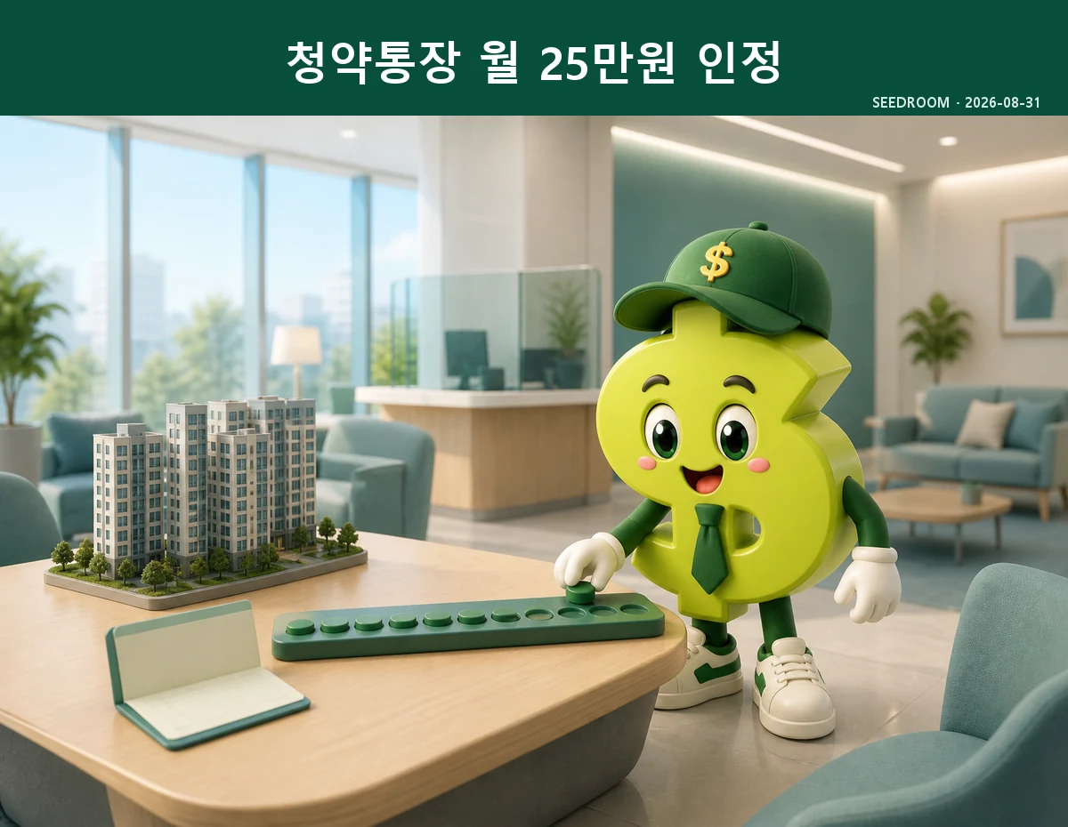 청약통장 월 납입 인정액과 민영주택 예치금을 비교하는 SEEDROOM 달러 캐릭터
