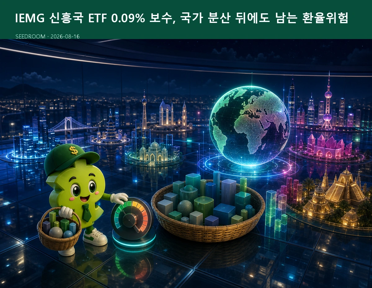 IEMG 신흥국 ETF 위험을 지도와 계산기로 설명하는 SEEDROOM 달러 캐릭터