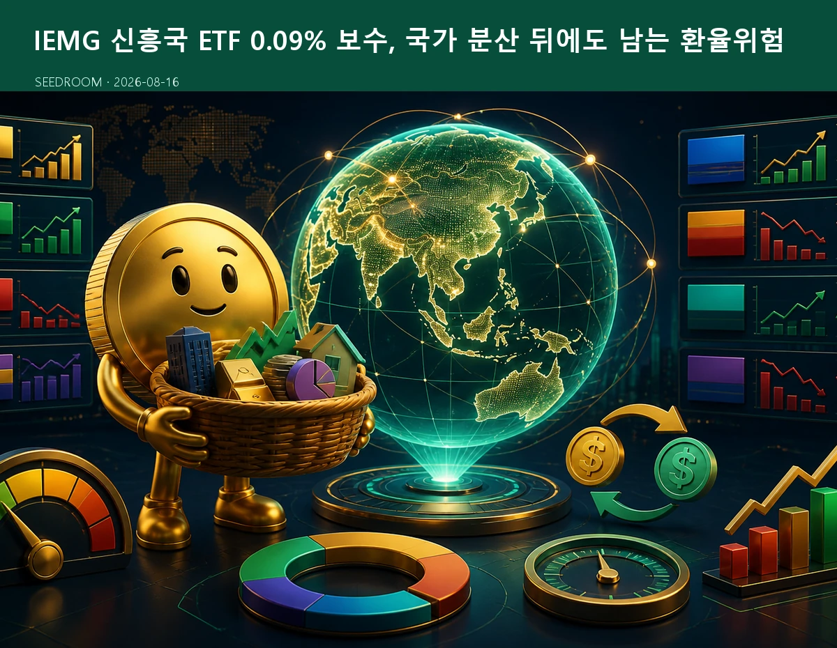IEMG 신흥국 ETF 위험을 지도와 계산기로 설명하는 SEEDROOM 달러 캐릭터
