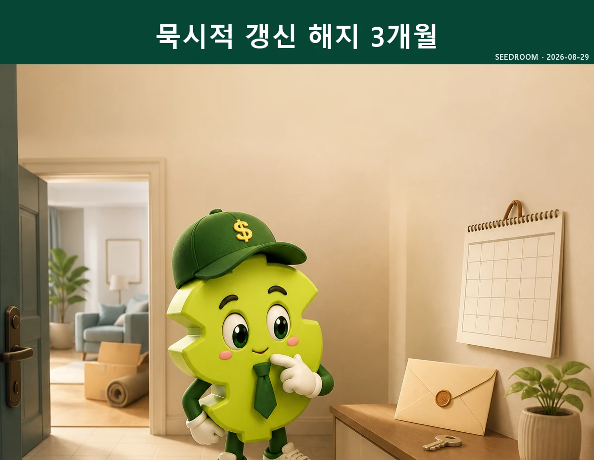 묵시적 갱신 뒤 해지 통보일과 3개월 기간을 확인하는 SEEDROOM 달러 캐릭터