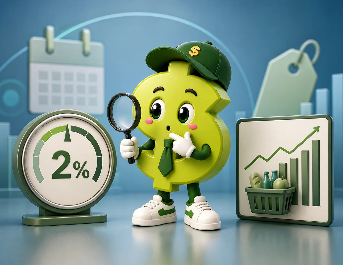 한국은행의 2% 물가목표와 월별 물가표를 비교하는 SEEDROOM 달러 캐릭터