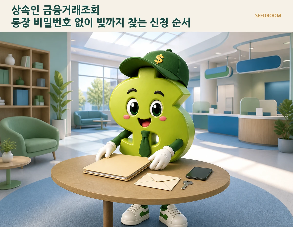 상속 금융서류와 신청봉투를 정리하는 SEEDROOM 달러 캐릭터