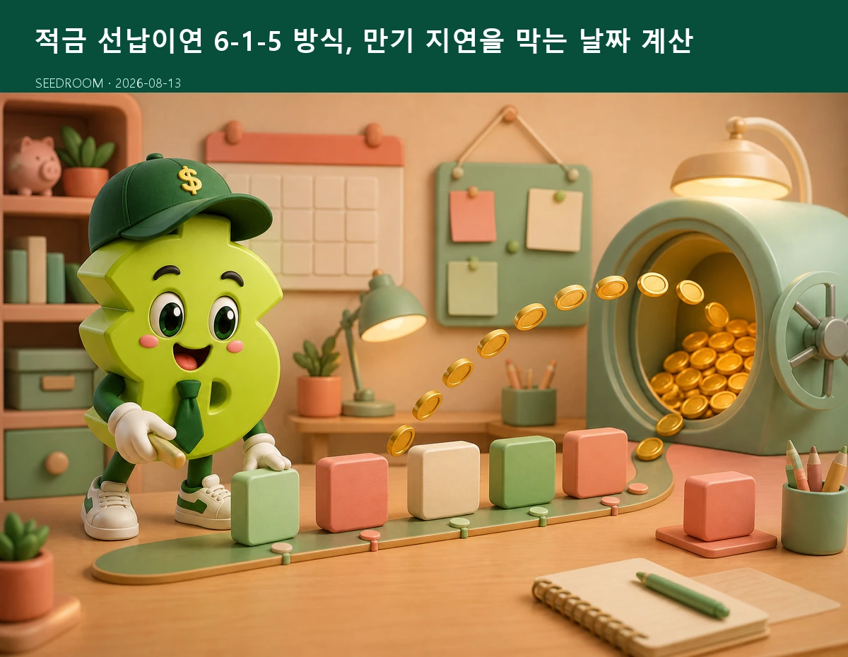 적금 선납이연 일정을 계산하는 SEEDROOM 달러 캐릭터