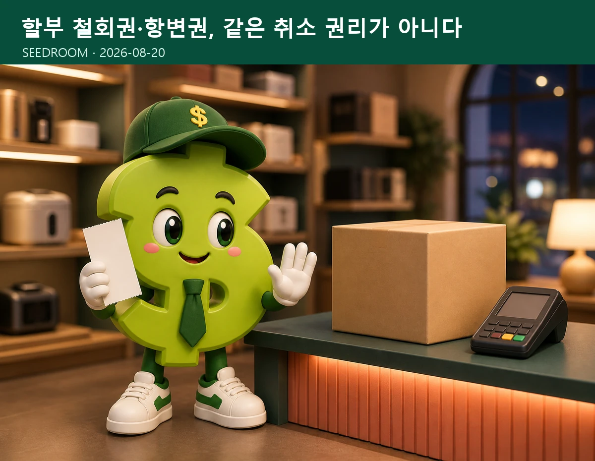 전자제품 매장에서 할부 철회와 항변 절차를 안내하는 SEEDROOM 달러 캐릭터