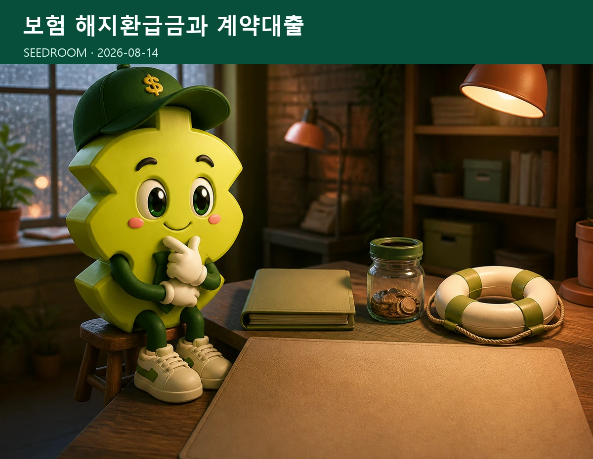 보험 해지환급금과 계약대출을 비교하는 SEEDROOM 달러 캐릭터