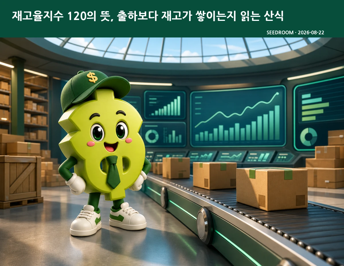 창고 출하와 재고 흐름을 점검하는 SEEDROOM 달러 캐릭터