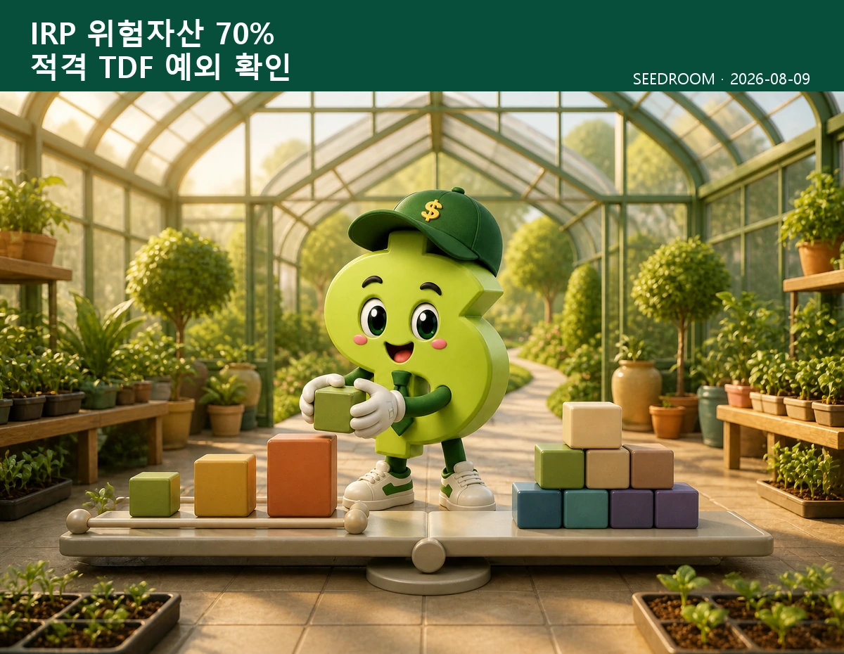 IRP 위험자산 한도와 TDF 예외를 확인하는 SEEDROOM 달러 캐릭터