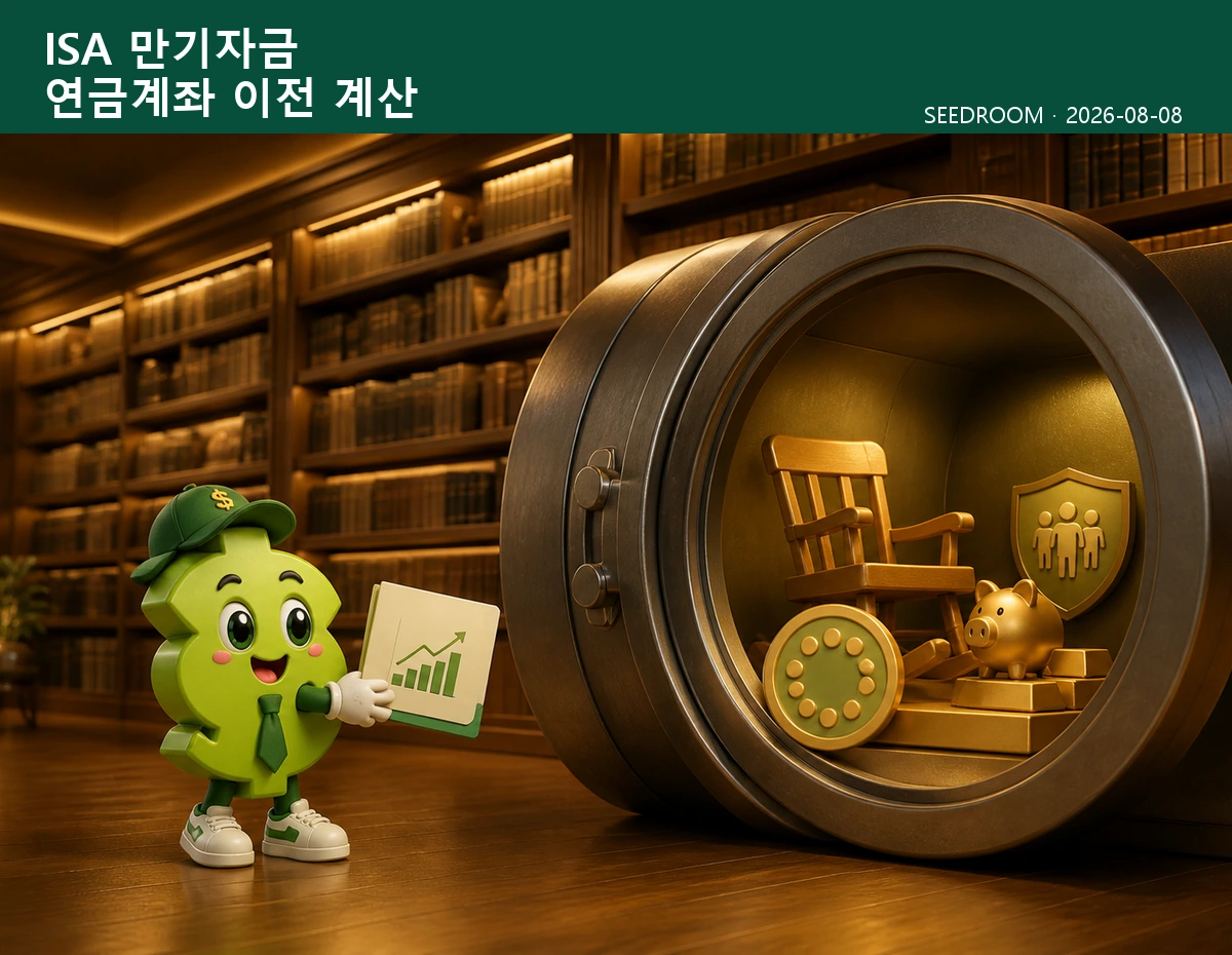ISA 만기자금을 연금계좌로 이전해 공제를 계산하는 SEEDROOM 달러 캐릭터
