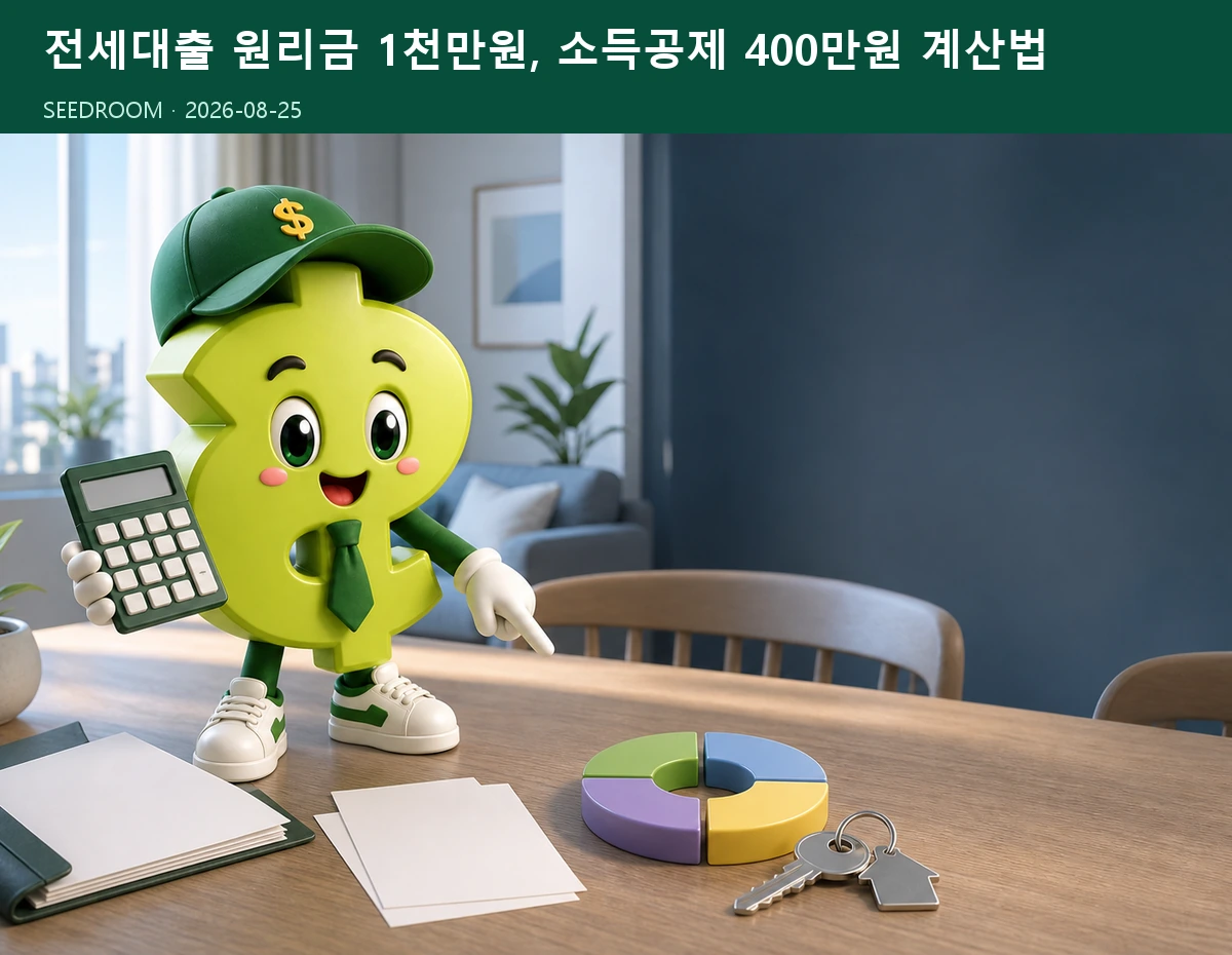 달러 모양 SEEDROOM 캐릭터가 전세계약서와 전세대출 원리금 소득공제를 계산하는 장면