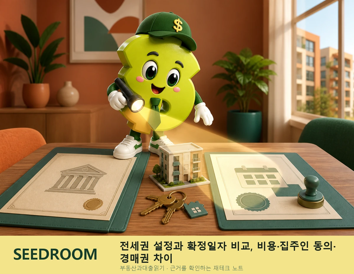 전세권 설정과 확정일자를 비교하는 SEEDROOM 달러 캐릭터