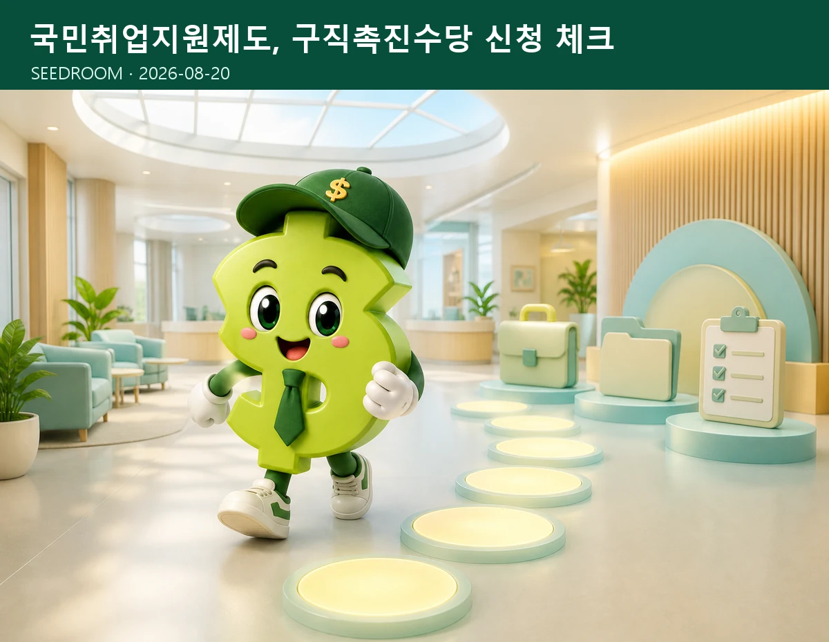공공 취업지원센터의 여섯 단계 신청 길을 걷는 SEEDROOM 달러 캐릭터
