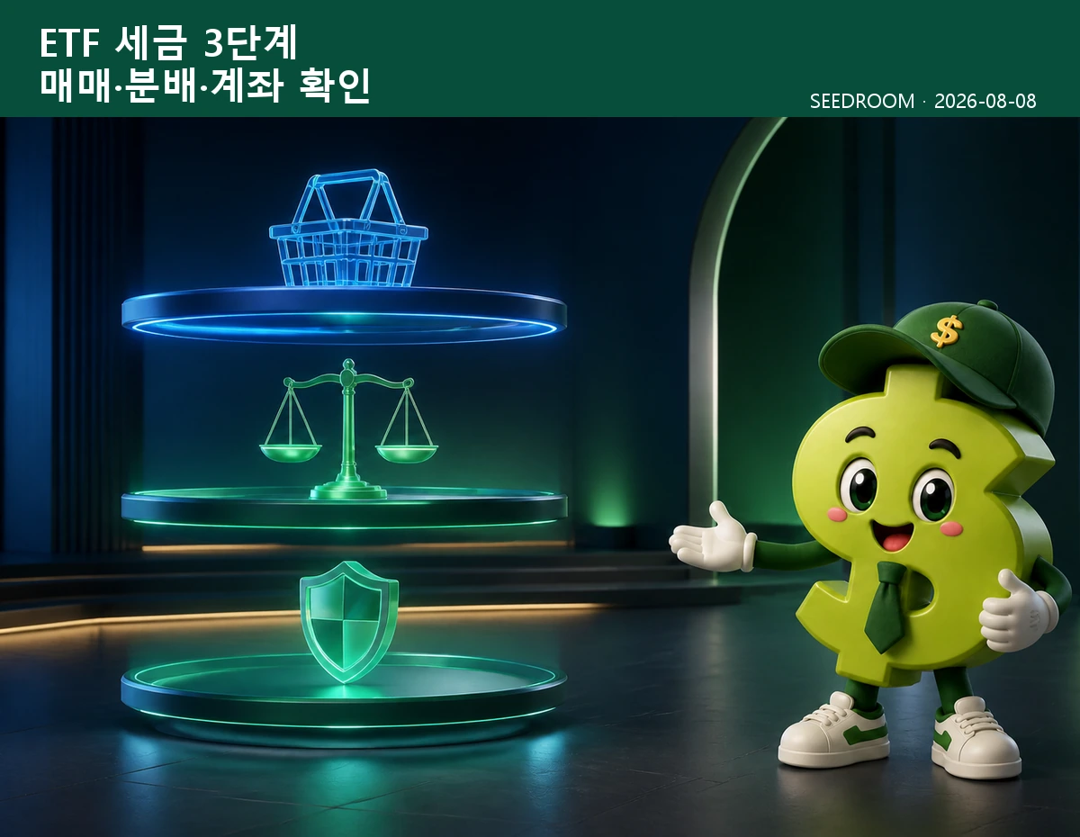 ETF 매매차익과 분배금 세금을 확인하는 SEEDROOM 달러 캐릭터