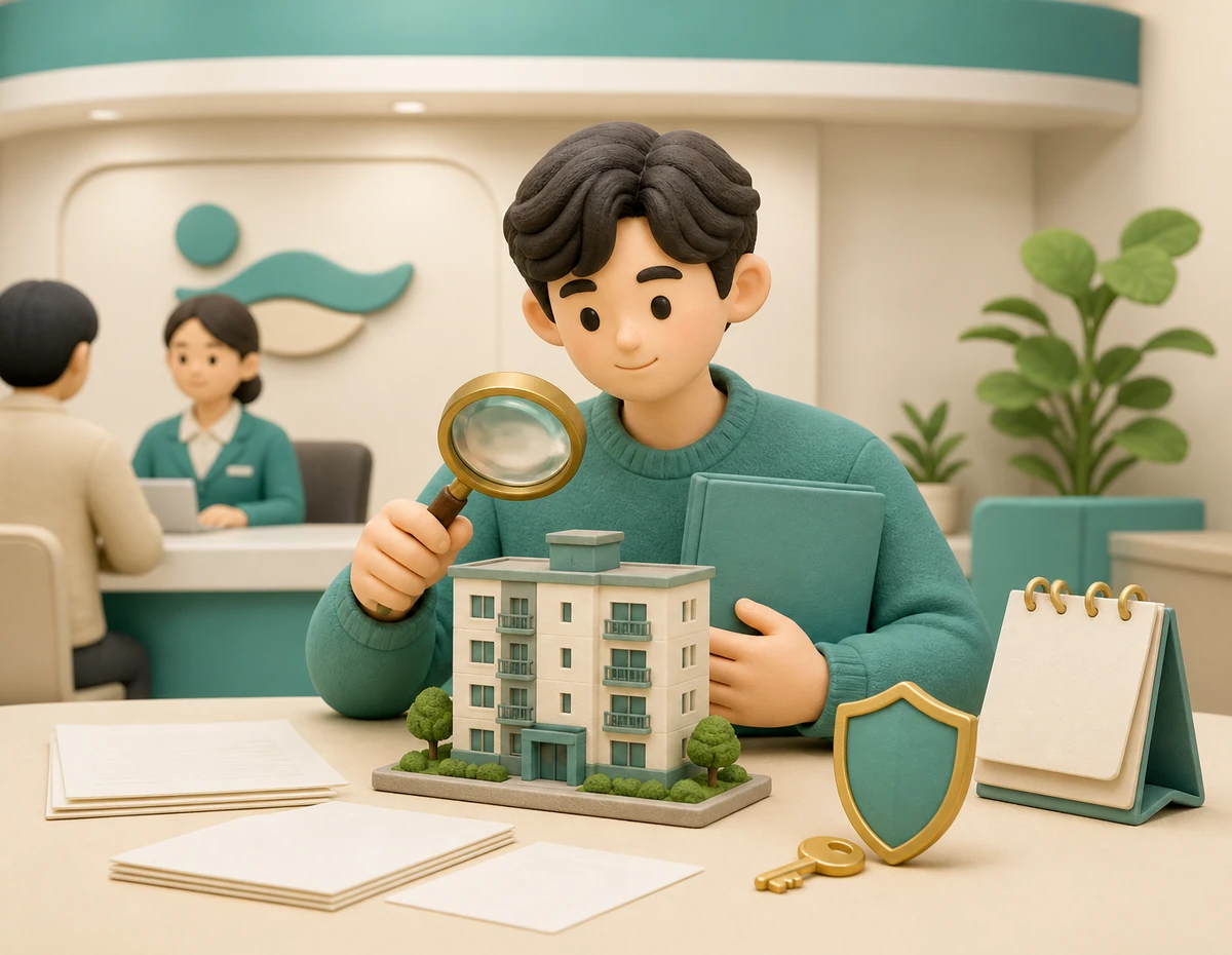 임대차계약서를 들고 세무서 창구에서 건물과 세금 자료를 확인하는 임차인 일러스트