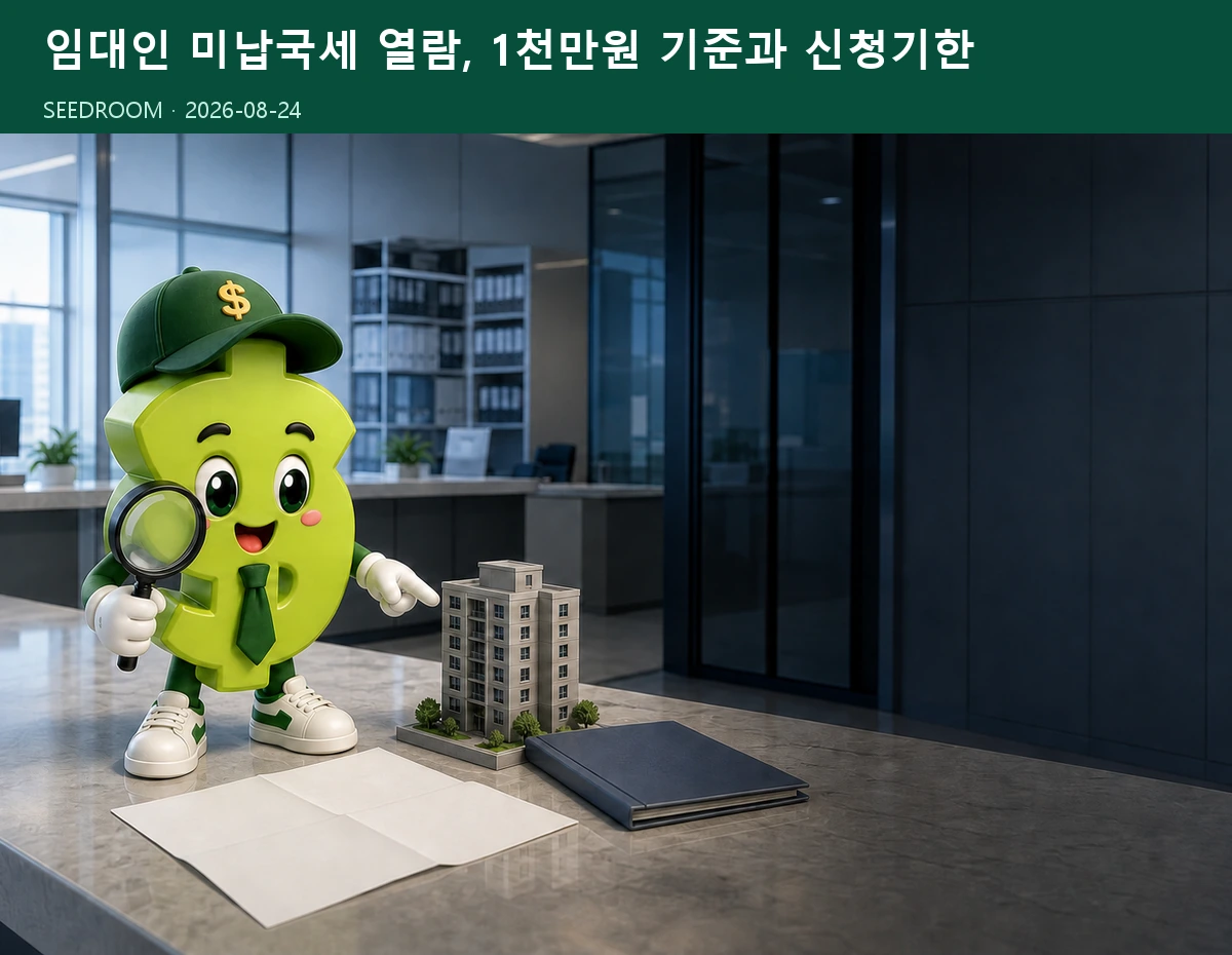 달러 모양 SEEDROOM 캐릭터가 전세계약 전 임대인 미납국세 자료를 확인하는 장면