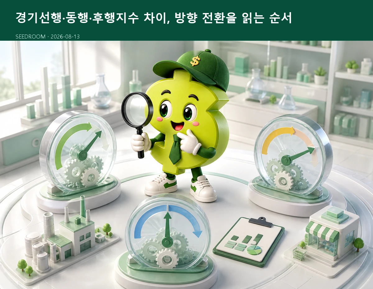경기종합지수 세 계열을 비교하는 SEEDROOM 달러 캐릭터