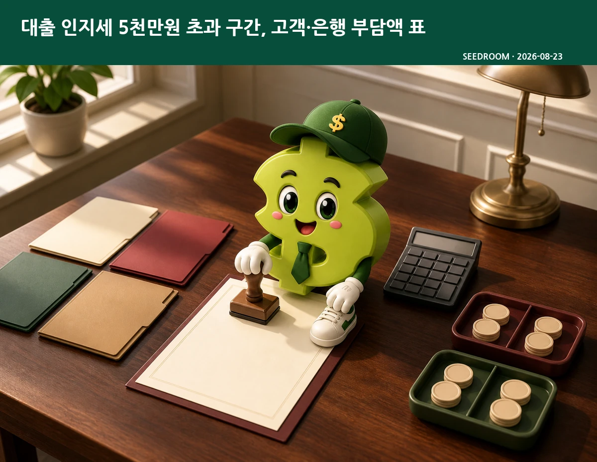 대출계약 인지세 서류와 부담액을 정리하는 SEEDROOM 달러 캐릭터