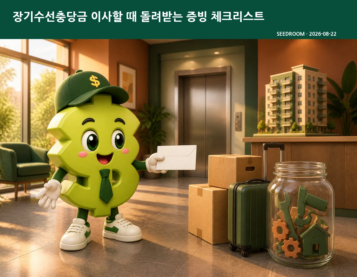이사하며 장기수선충당금 영수증을 정리하는 SEEDROOM 달러 캐릭터