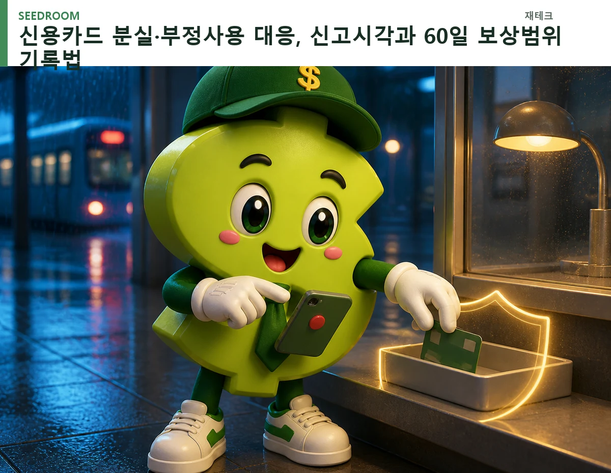 분실카드를 신고하고 보호하는 SEEDROOM 달러 캐릭터