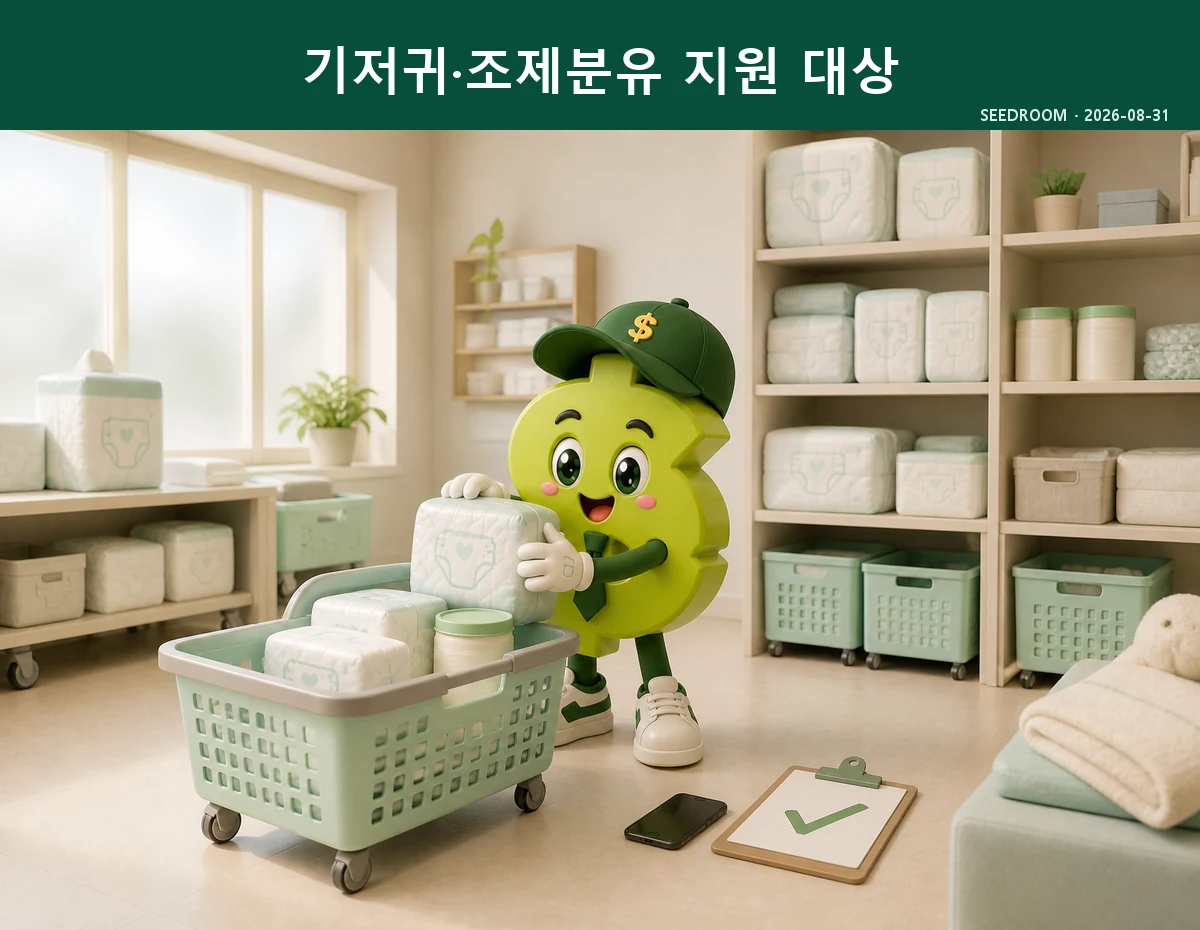 저소득층 영아 기저귀와 조제분유 바우처 대상 조건을 안내하는 SEEDROOM 달러 캐릭터