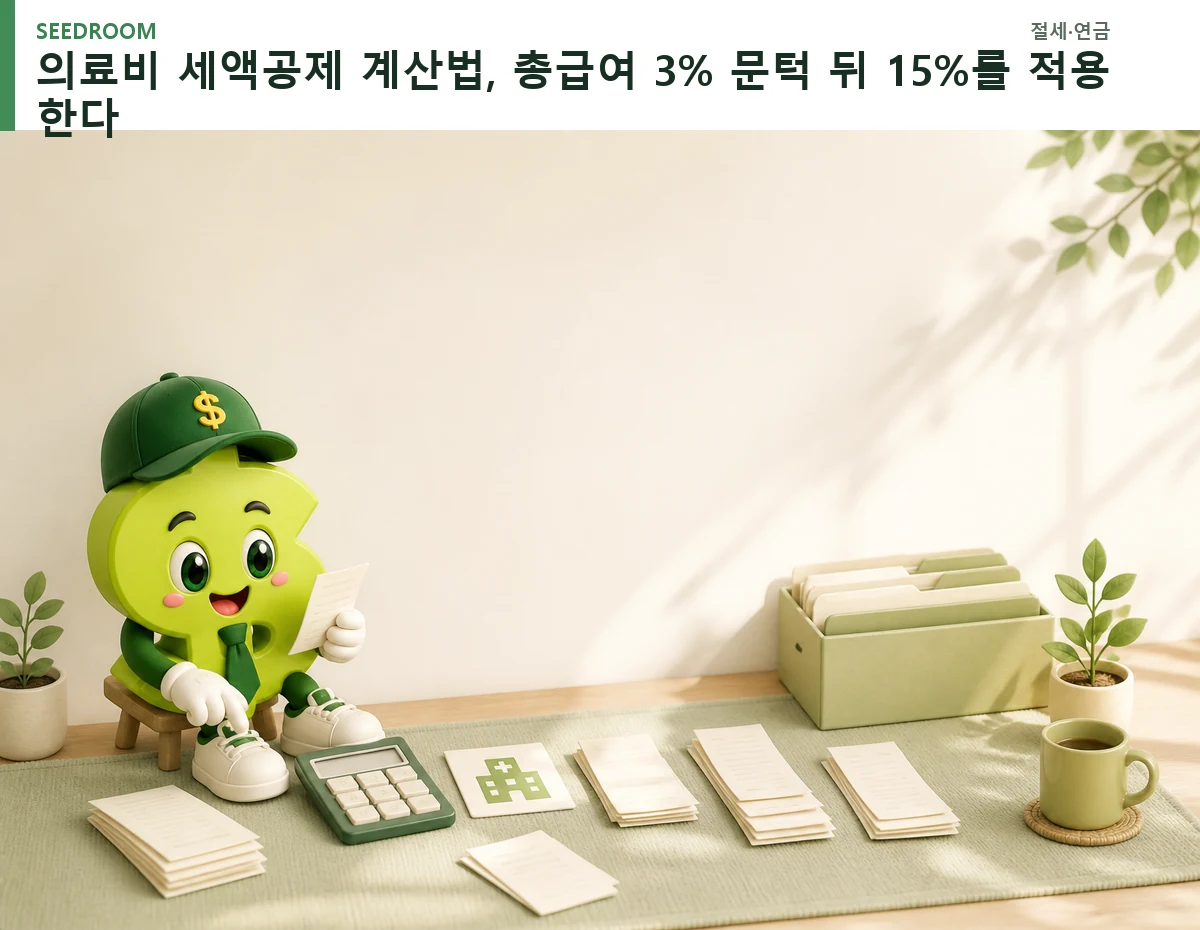 의료비 영수증과 공제 문턱을 계산하는 SEEDROOM 달러 캐릭터