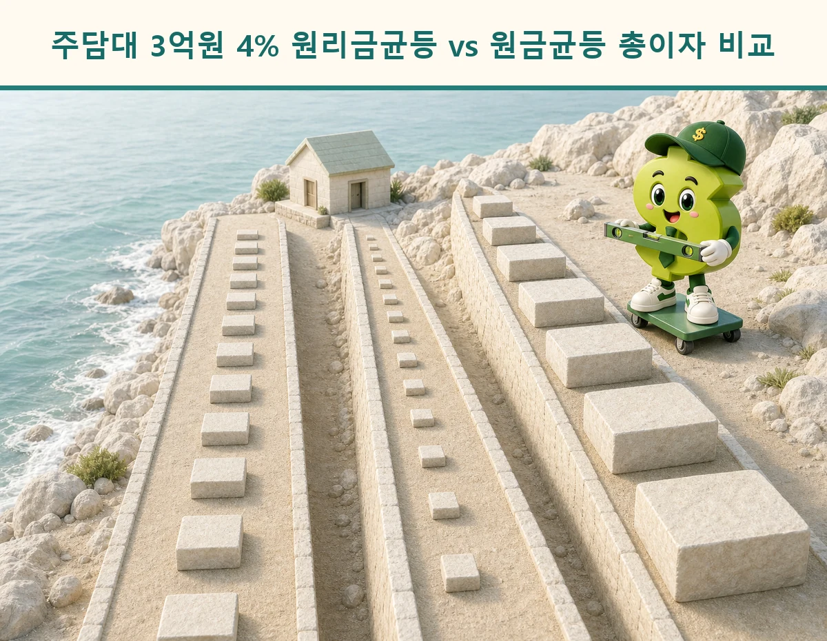 세 갈래 주택대출 상환 트랙에서 월 상환액을 비교하는 시드룸 달러 캐릭터