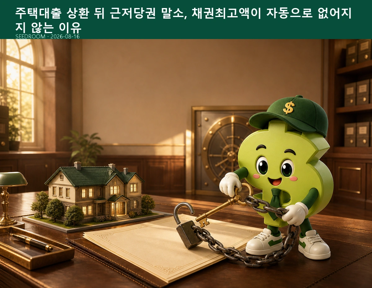 주택대출 상환 뒤 근저당권 말소 서류를 확인하는 SEEDROOM 달러 캐릭터