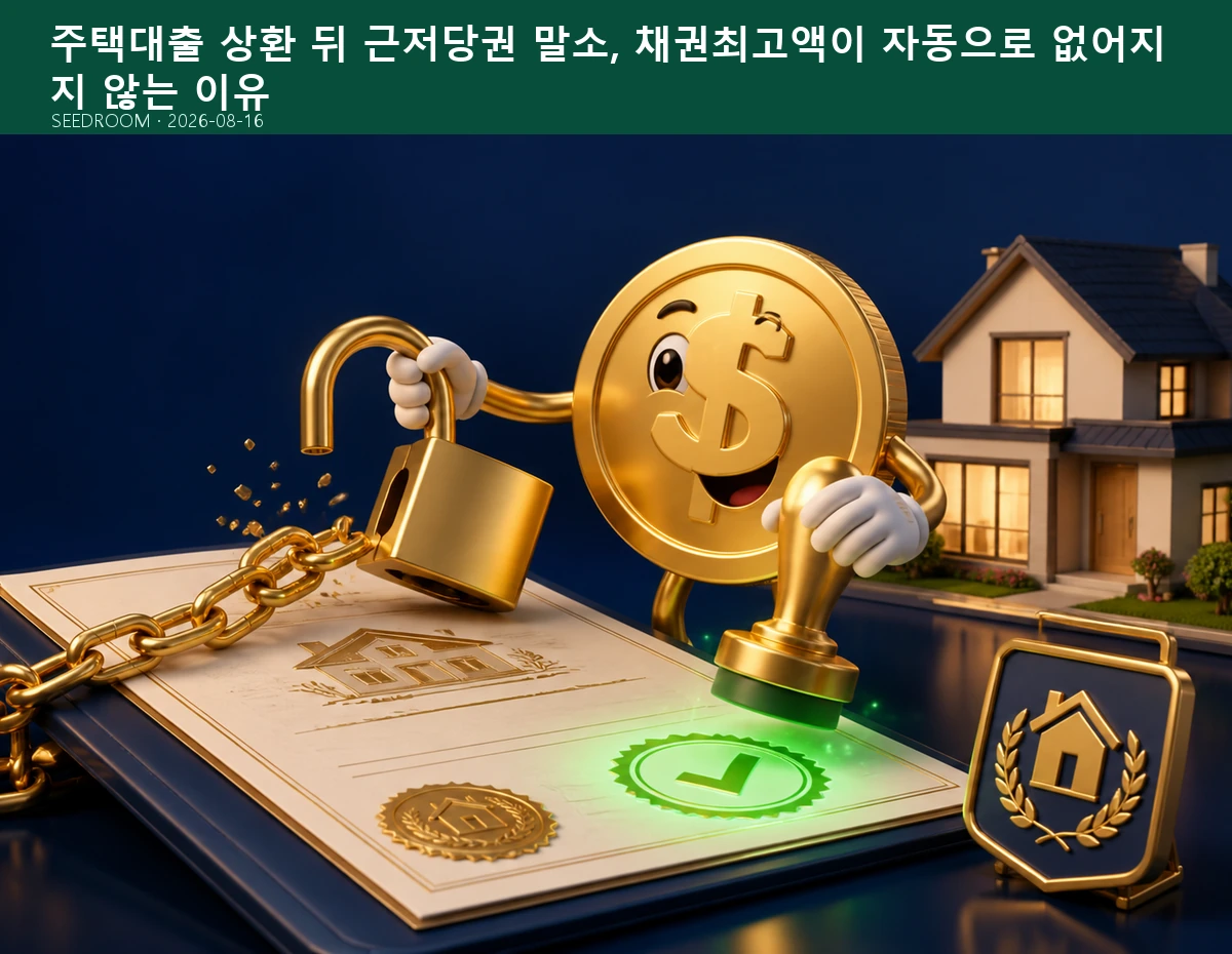 주택대출 상환 뒤 근저당권 말소 서류를 확인하는 SEEDROOM 달러 캐릭터