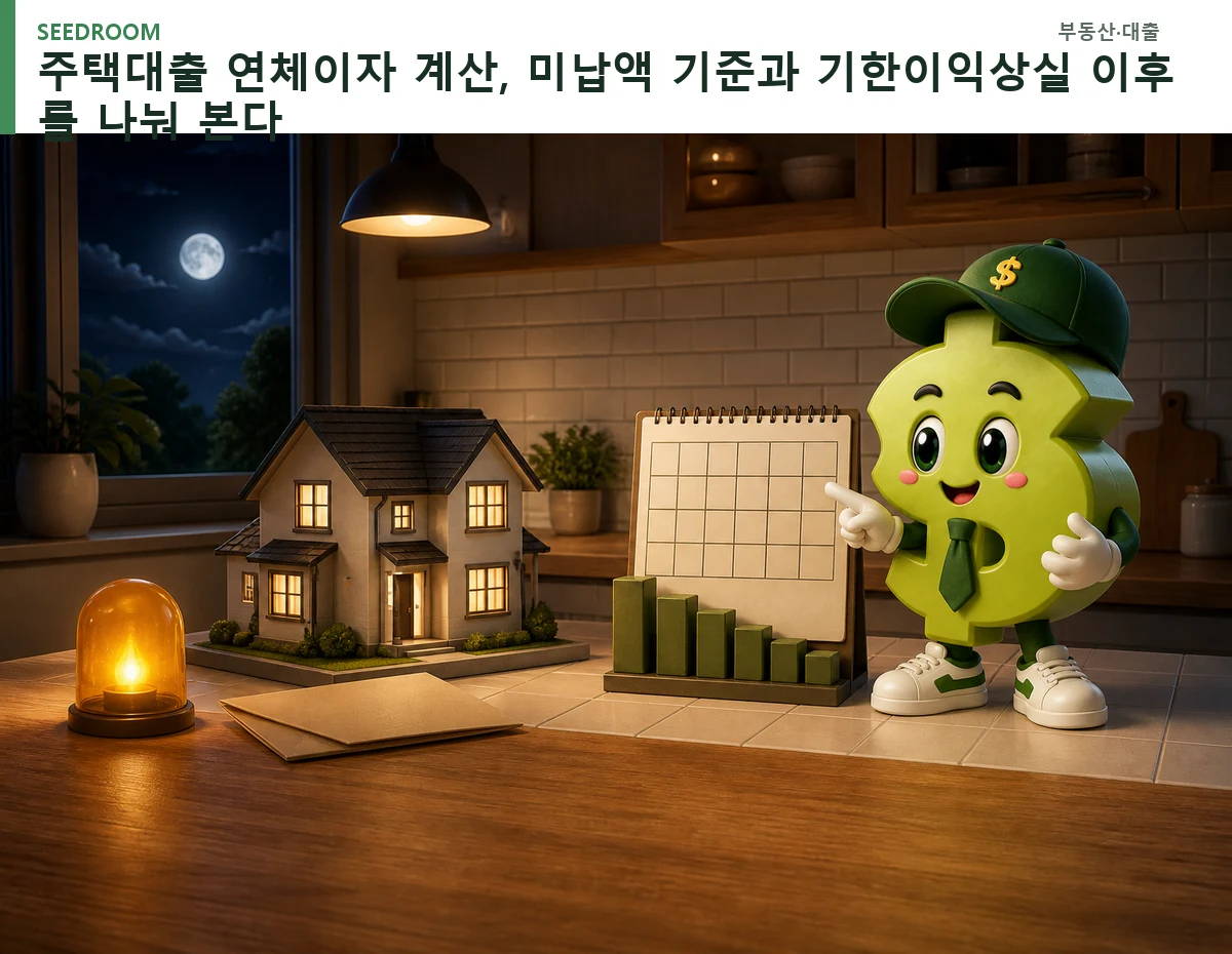 주택대출 납입일과 경고등을 확인하는 SEEDROOM 달러 캐릭터