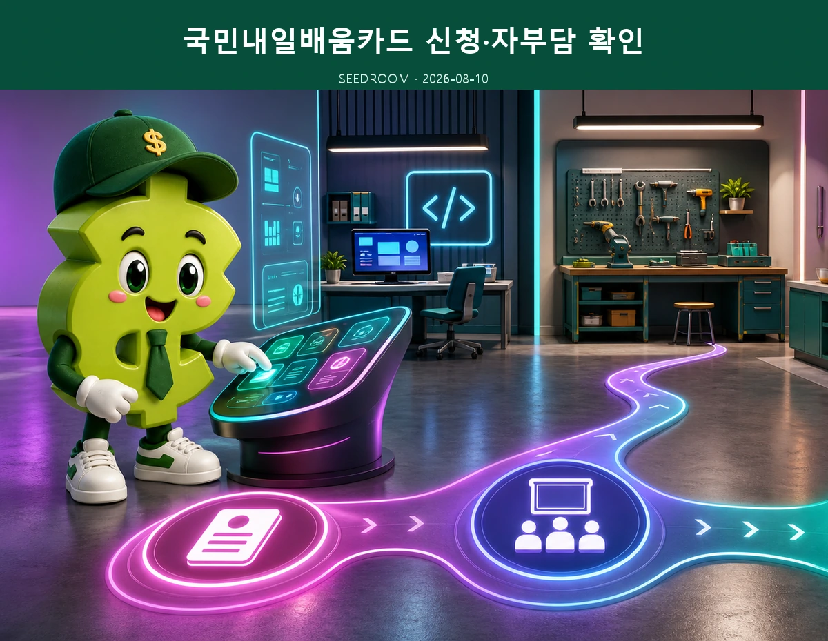 국민내일배움카드 신청과 훈련과정을 확인하는 SEEDROOM 달러 캐릭터