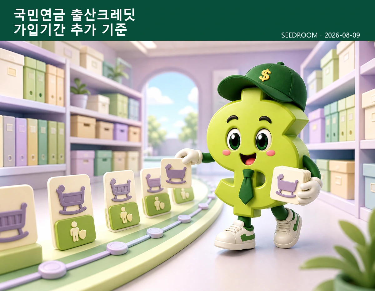 국민연금 출산크레딧 가입기간을 확인하는 SEEDROOM 달러 캐릭터