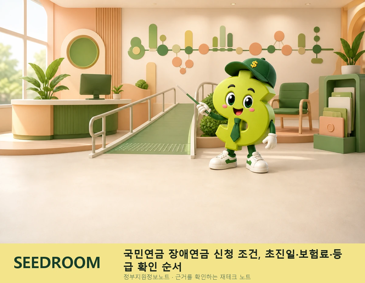국민연금 장애연금 신청을 안내하는 SEEDROOM 달러 캐릭터