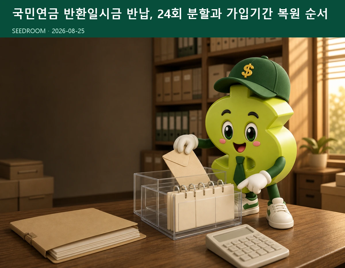 달러 모양 SEEDROOM 캐릭터가 국민연금 반환일시금 반납 서류와 복원 가입기간을 확인하는 장면