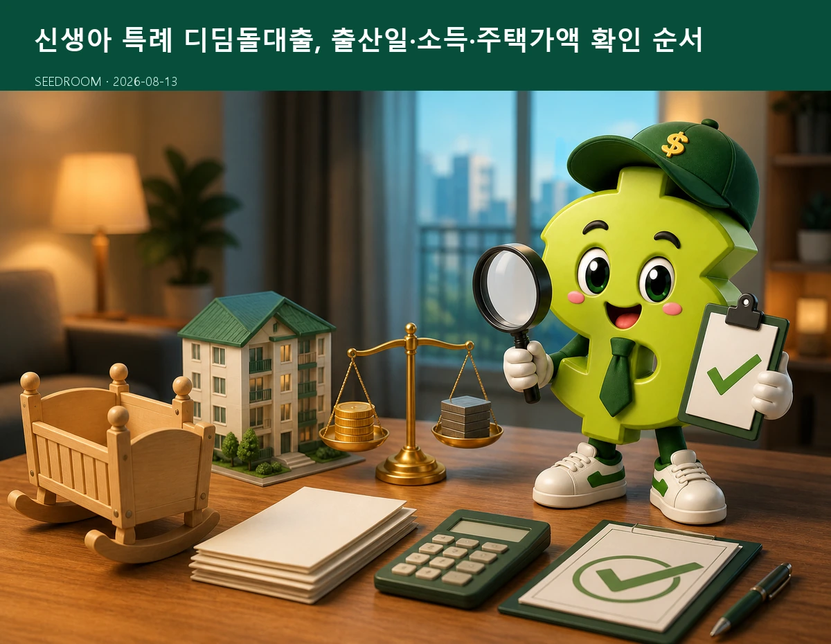 신생아 특례 디딤돌대출 조건을 확인하는 SEEDROOM 달러 캐릭터