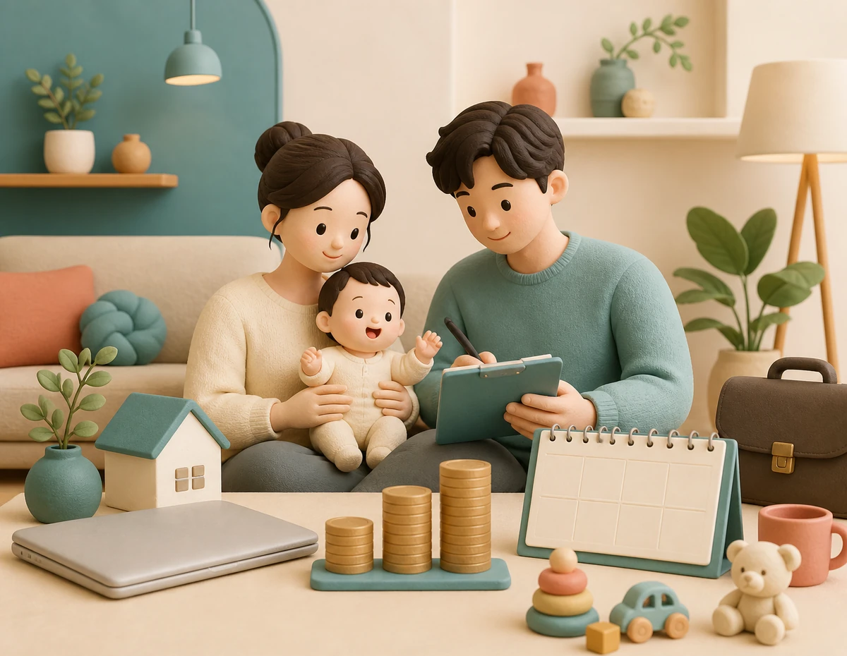 아기를 돌보며 달력과 단계별 생활비를 계획하는 맞벌이 부모 일러스트